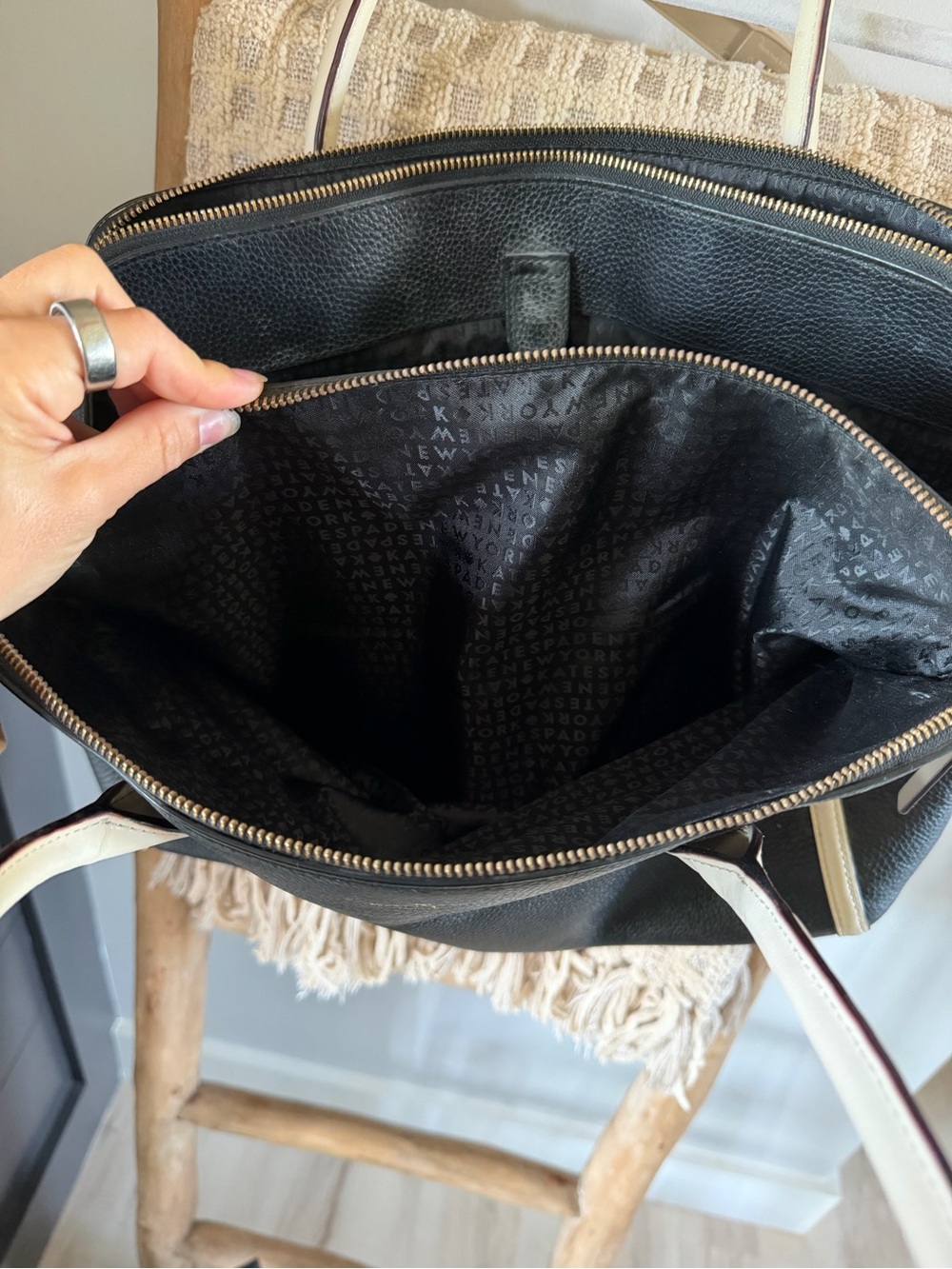 Kate Spade Black Pebbled Leather Satchel Cream Trim Large Handbag - Picture 9 of 10